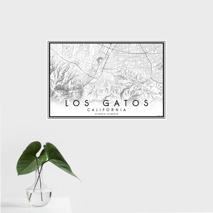 16x24 Los Gatos California Map Print Landscape Orientation in Classic Style With Tropical Plant Leaves in Water