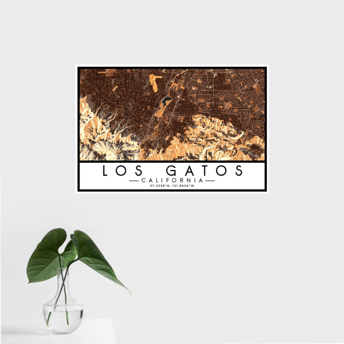 16x24 Los Gatos California Map Print Landscape Orientation in Ember Style With Tropical Plant Leaves in Water