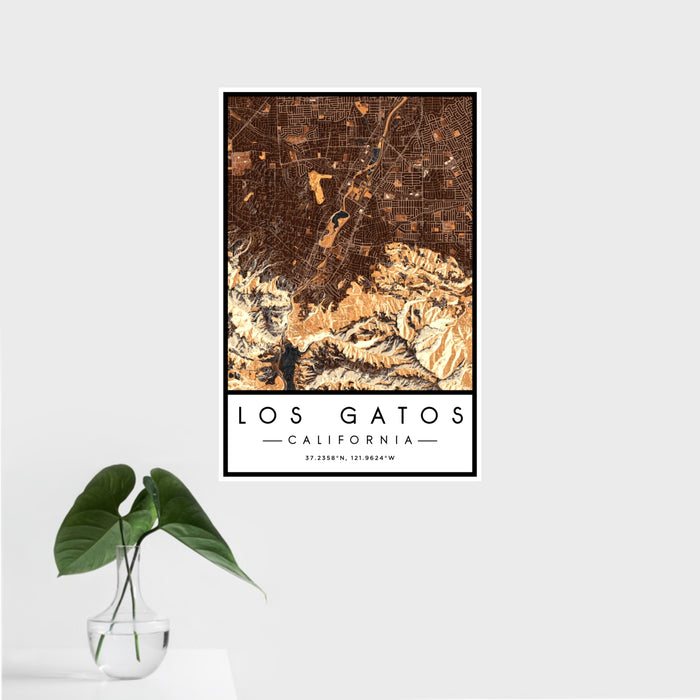16x24 Los Gatos California Map Print Portrait Orientation in Ember Style With Tropical Plant Leaves in Water