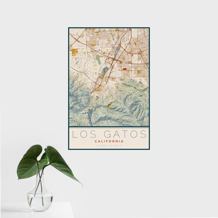 16x24 Los Gatos California Map Print Portrait Orientation in Woodblock Style With Tropical Plant Leaves in Water