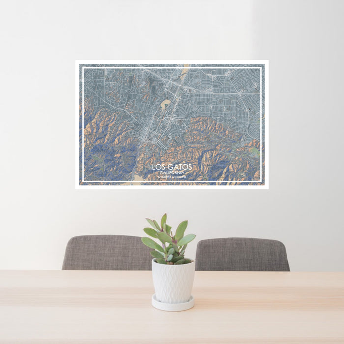 24x36 Los Gatos California Map Print Lanscape Orientation in Afternoon Style Behind 2 Chairs Table and Potted Plant