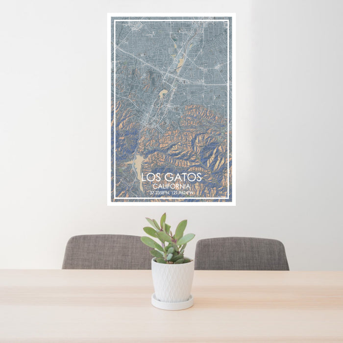 24x36 Los Gatos California Map Print Portrait Orientation in Afternoon Style Behind 2 Chairs Table and Potted Plant