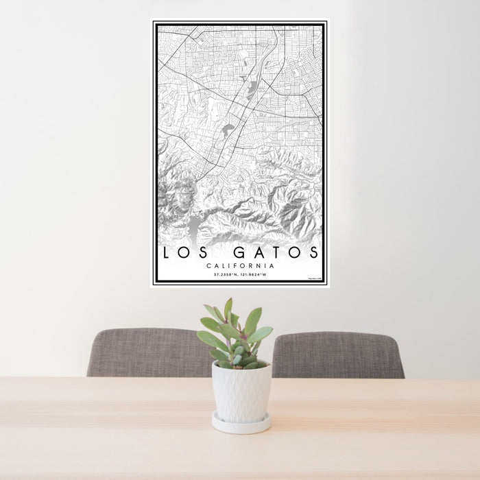 24x36 Los Gatos California Map Print Portrait Orientation in Classic Style Behind 2 Chairs Table and Potted Plant