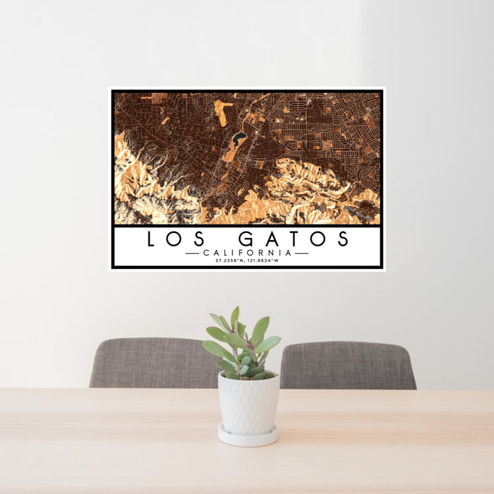 24x36 Los Gatos California Map Print Lanscape Orientation in Ember Style Behind 2 Chairs Table and Potted Plant