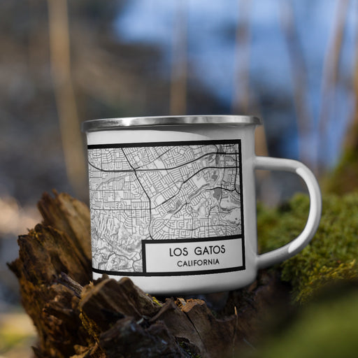 Right View Custom Los Gatos California Map Enamel Mug in Classic on Grass With Trees in Background