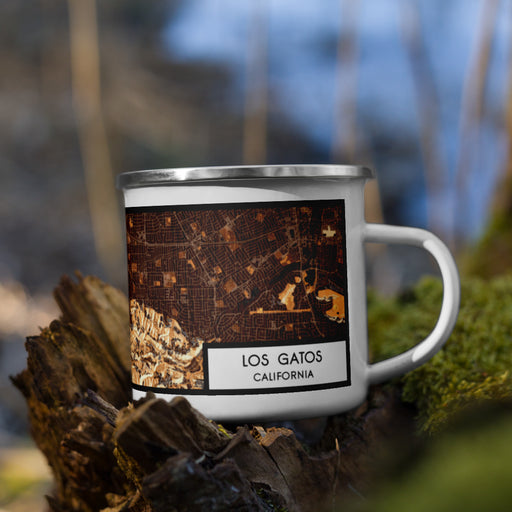 Right View Custom Los Gatos California Map Enamel Mug in Ember on Grass With Trees in Background