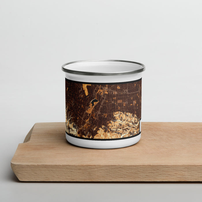 Front View Custom Los Gatos California Map Enamel Mug in Ember on Cutting Board