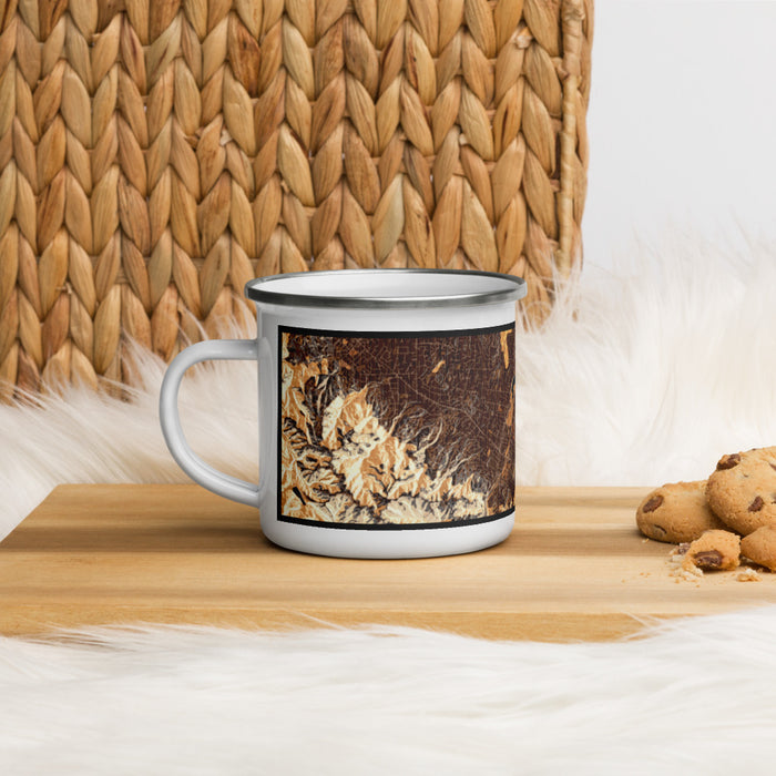 Left View Custom Los Gatos California Map Enamel Mug in Ember on Table Top