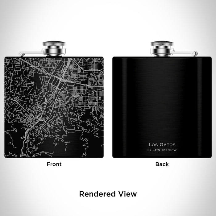 Rendered View of Los Gatos California Map Engraving on 6oz Stainless Steel Flask in Black