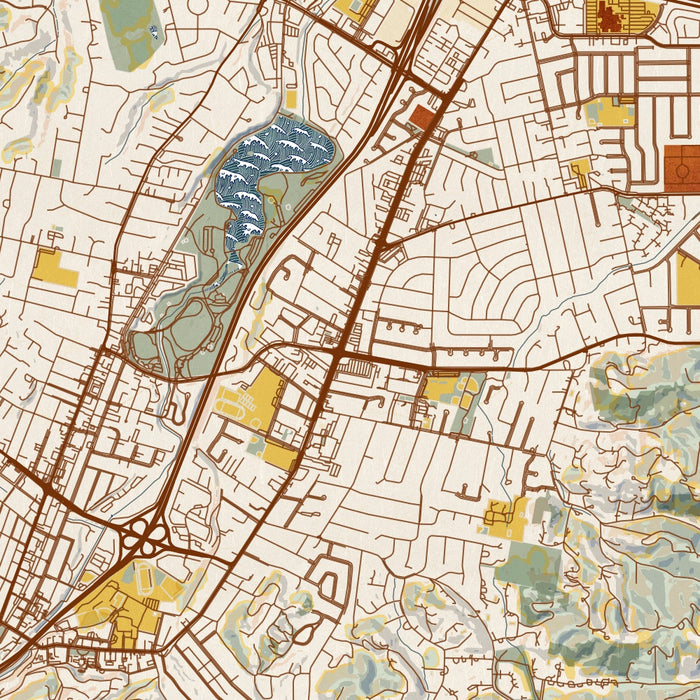 Los Gatos California Map Print in Woodblock Style Zoomed In Close Up Showing Details