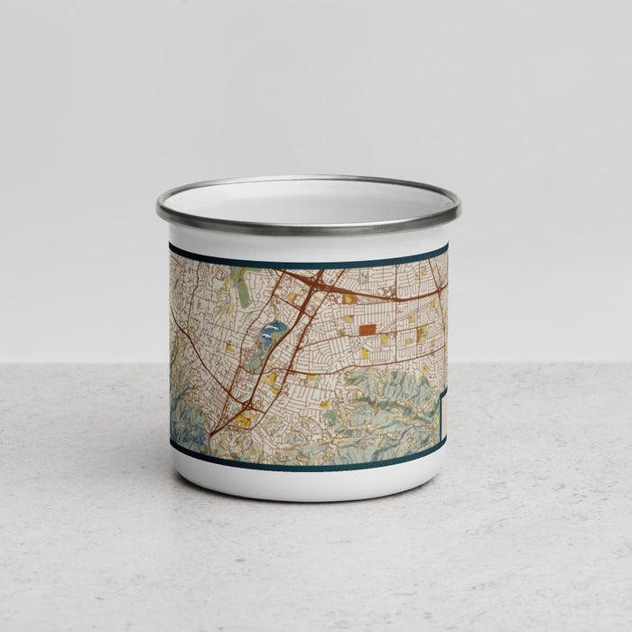 Front View Custom Los Gatos California Map Enamel Mug in Woodblock