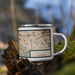 Right View Custom Los Gatos California Map Enamel Mug in Woodblock on Grass With Trees in Background