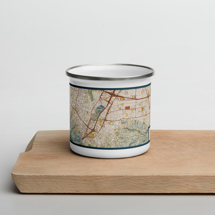 Front View Custom Los Gatos California Map Enamel Mug in Woodblock on Cutting Board