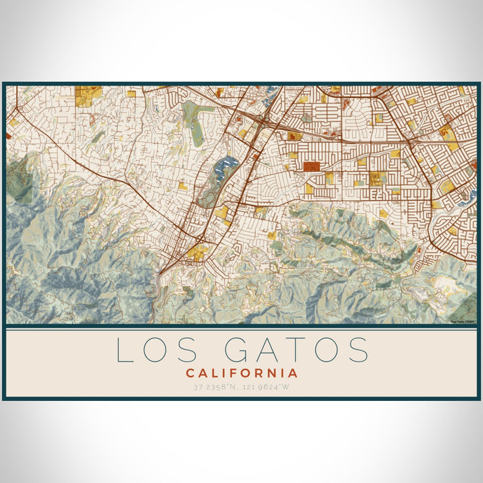 Los Gatos California Map Print Landscape Orientation in Woodblock Style With Shaded Background