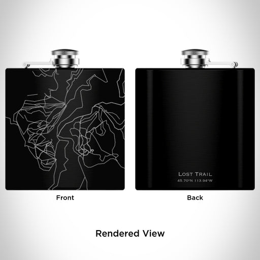 Rendered View of Lost Trail Ski Area Map Engraving on 6oz Stainless Steel Flask in Black