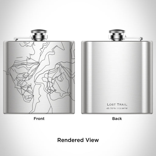 Rendered View of Lost Trail Ski Area Map Engraving on 6oz Stainless Steel Flask