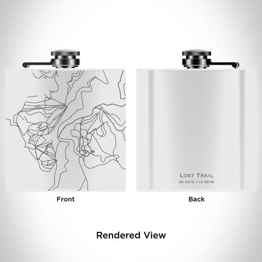 Rendered View of Lost Trail Ski Area Map Engraving on 6oz Stainless Steel Flask in White