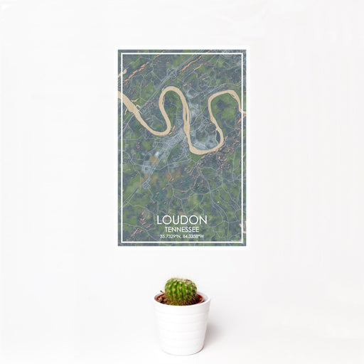 12x18 Loudon Tennessee Map Print Portrait Orientation in Afternoon Style With Small Cactus Plant in White Planter