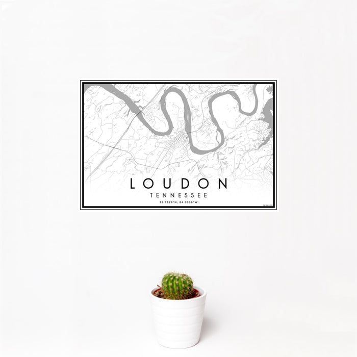 12x18 Loudon Tennessee Map Print Landscape Orientation in Classic Style With Small Cactus Plant in White Planter