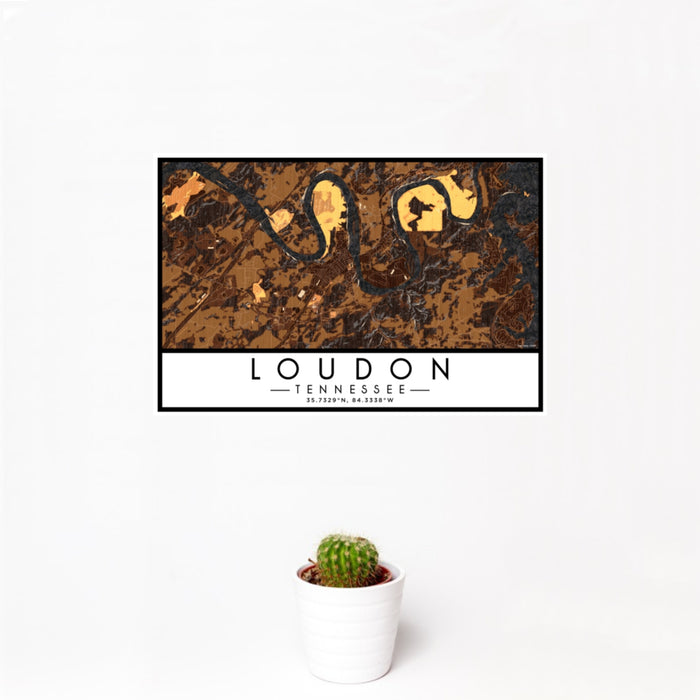 12x18 Loudon Tennessee Map Print Landscape Orientation in Ember Style With Small Cactus Plant in White Planter