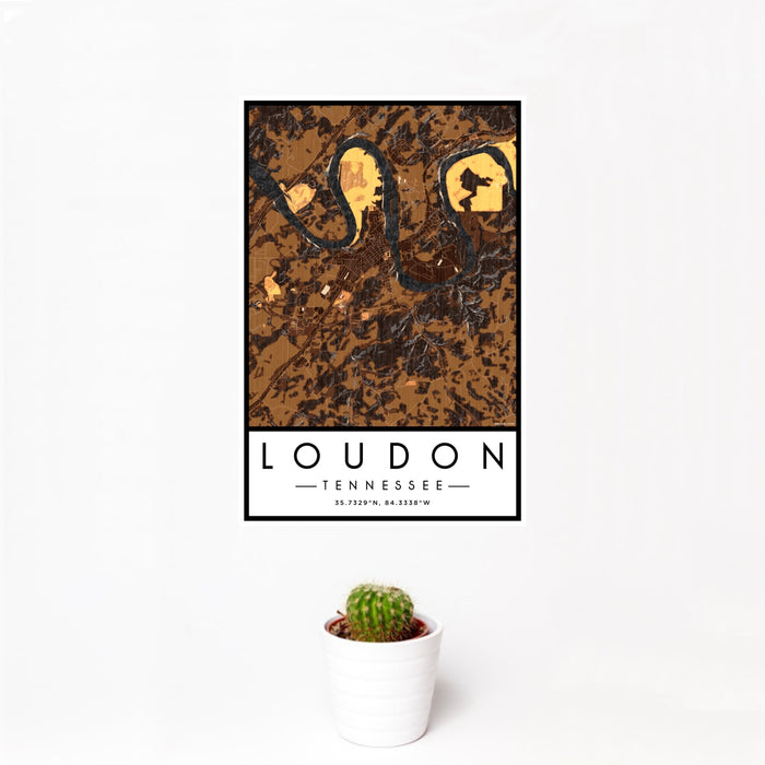 12x18 Loudon Tennessee Map Print Portrait Orientation in Ember Style With Small Cactus Plant in White Planter