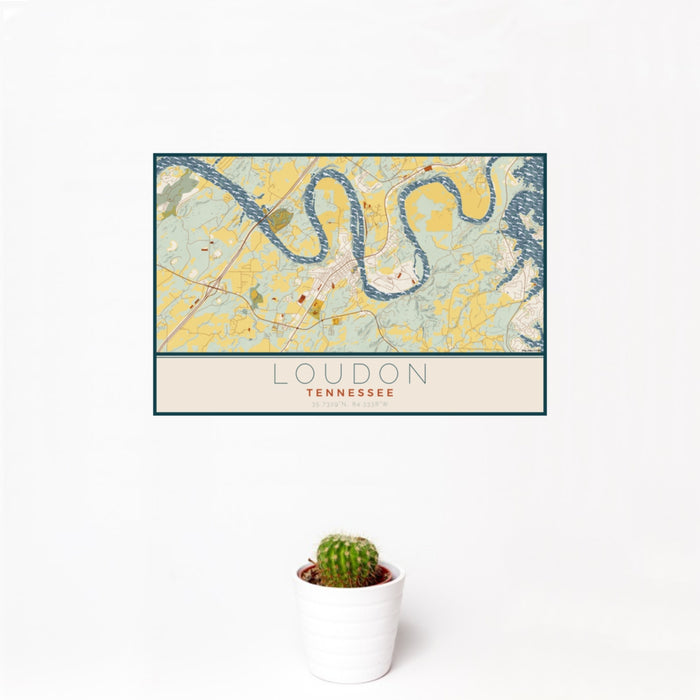 12x18 Loudon Tennessee Map Print Landscape Orientation in Woodblock Style With Small Cactus Plant in White Planter