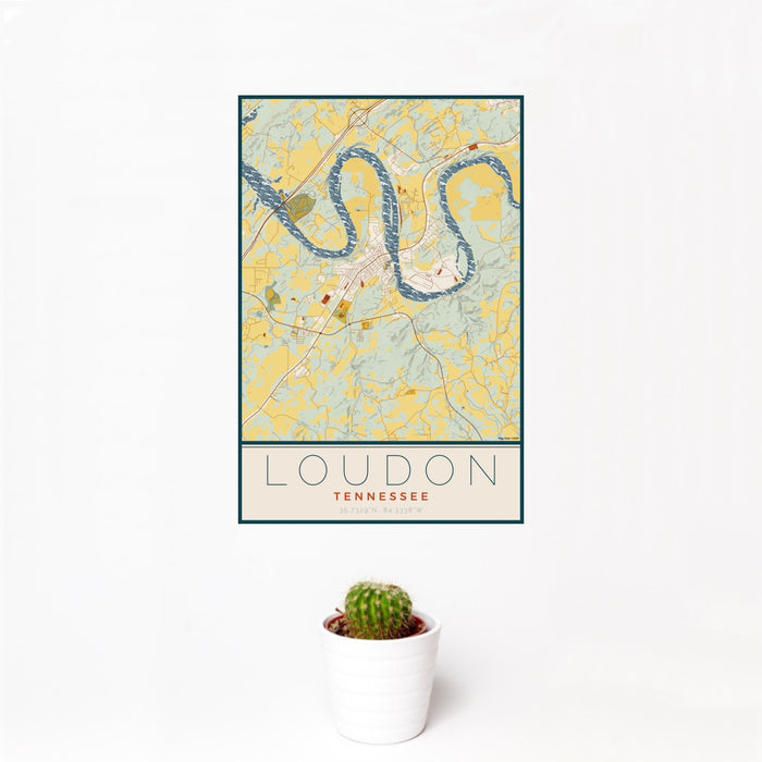 12x18 Loudon Tennessee Map Print Portrait Orientation in Woodblock Style With Small Cactus Plant in White Planter