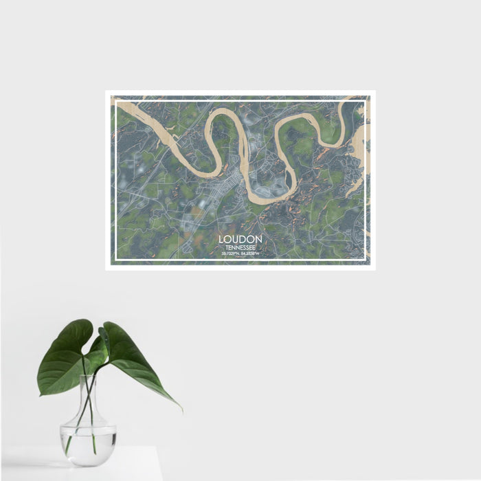 16x24 Loudon Tennessee Map Print Landscape Orientation in Afternoon Style With Tropical Plant Leaves in Water