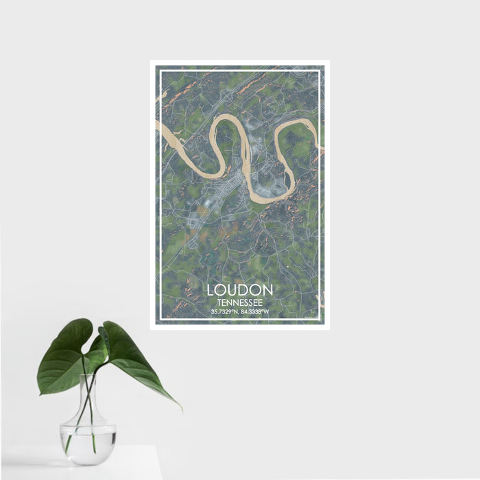16x24 Loudon Tennessee Map Print Portrait Orientation in Afternoon Style With Tropical Plant Leaves in Water