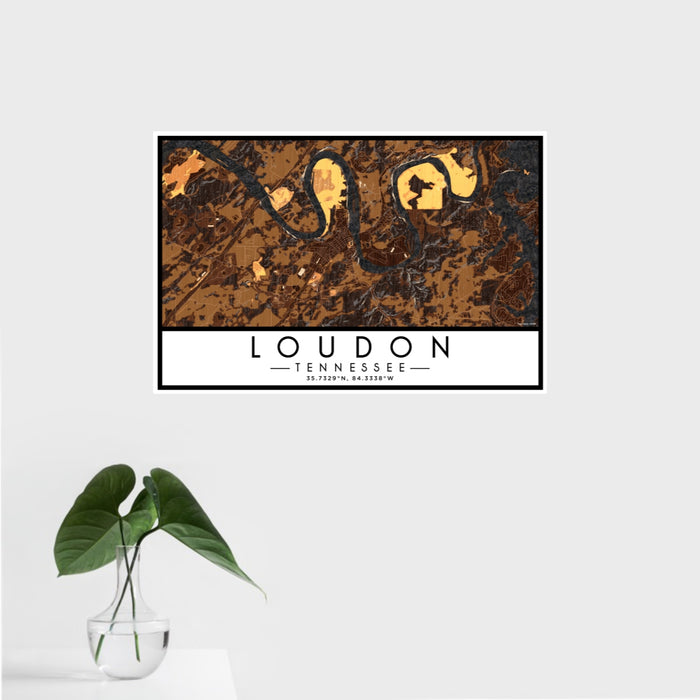 16x24 Loudon Tennessee Map Print Landscape Orientation in Ember Style With Tropical Plant Leaves in Water