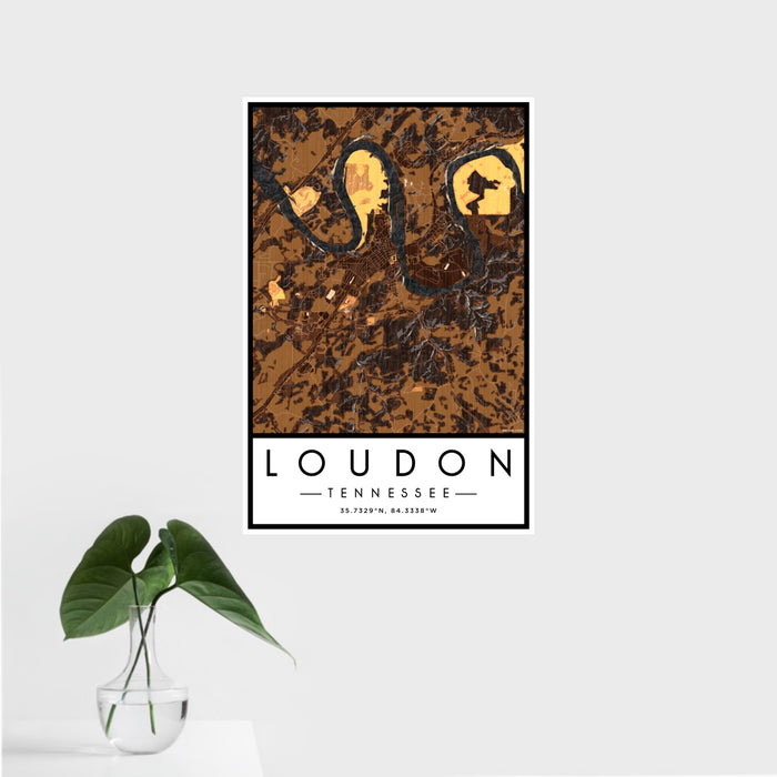 16x24 Loudon Tennessee Map Print Portrait Orientation in Ember Style With Tropical Plant Leaves in Water