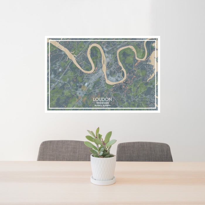 24x36 Loudon Tennessee Map Print Lanscape Orientation in Afternoon Style Behind 2 Chairs Table and Potted Plant