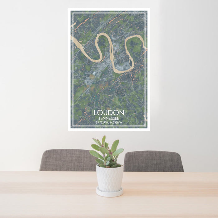 24x36 Loudon Tennessee Map Print Portrait Orientation in Afternoon Style Behind 2 Chairs Table and Potted Plant