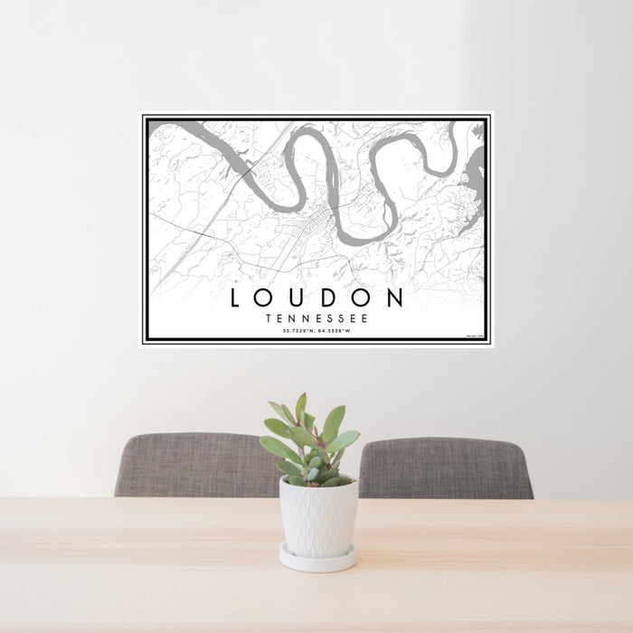 24x36 Loudon Tennessee Map Print Lanscape Orientation in Classic Style Behind 2 Chairs Table and Potted Plant