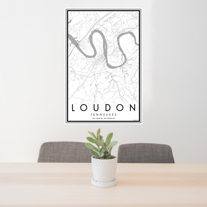 24x36 Loudon Tennessee Map Print Portrait Orientation in Classic Style Behind 2 Chairs Table and Potted Plant