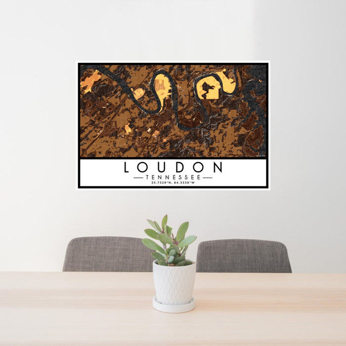 24x36 Loudon Tennessee Map Print Lanscape Orientation in Ember Style Behind 2 Chairs Table and Potted Plant