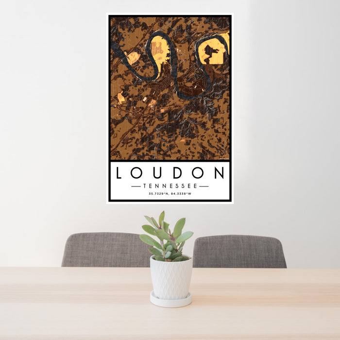 24x36 Loudon Tennessee Map Print Portrait Orientation in Ember Style Behind 2 Chairs Table and Potted Plant