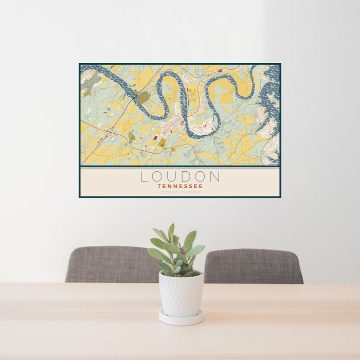 24x36 Loudon Tennessee Map Print Lanscape Orientation in Woodblock Style Behind 2 Chairs Table and Potted Plant
