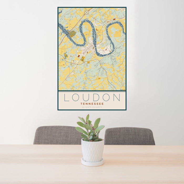 24x36 Loudon Tennessee Map Print Portrait Orientation in Woodblock Style Behind 2 Chairs Table and Potted Plant