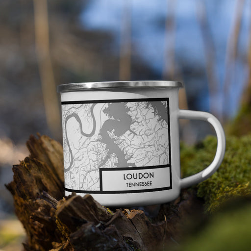 Right View Custom Loudon Tennessee Map Enamel Mug in Classic on Grass With Trees in Background