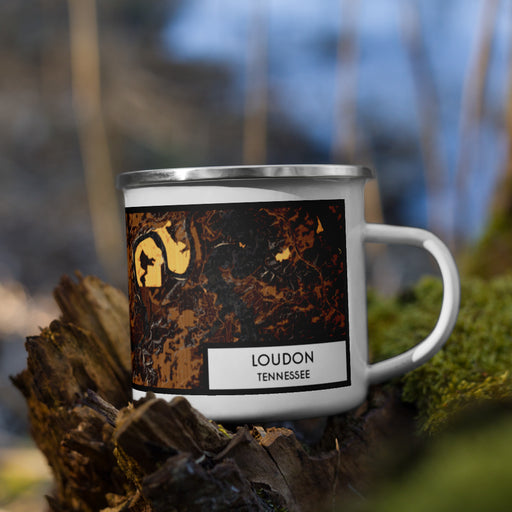 Right View Custom Loudon Tennessee Map Enamel Mug in Ember on Grass With Trees in Background