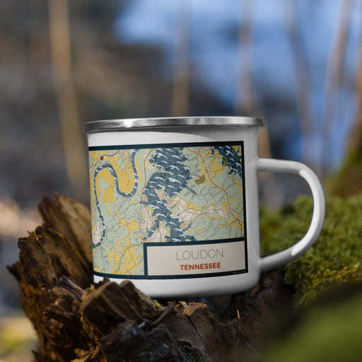 Right View Custom Loudon Tennessee Map Enamel Mug in Woodblock on Grass With Trees in Background