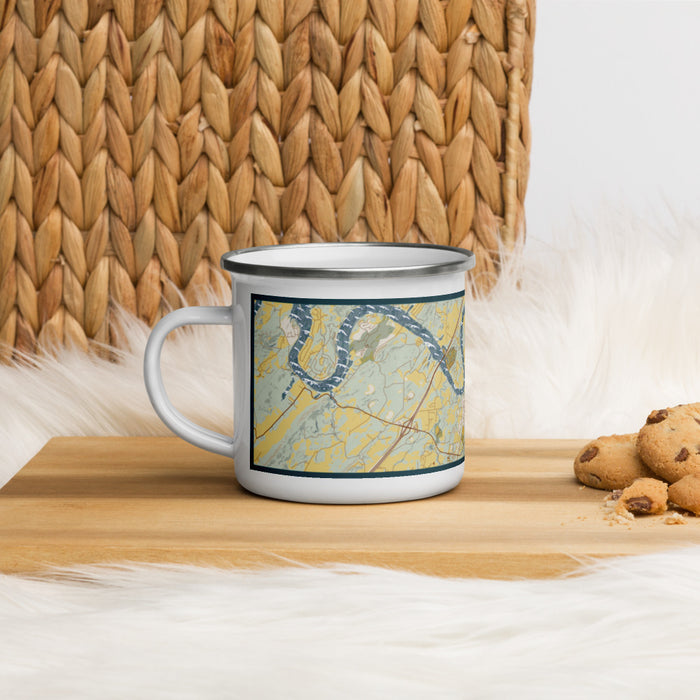 Left View Custom Loudon Tennessee Map Enamel Mug in Woodblock on Table Top