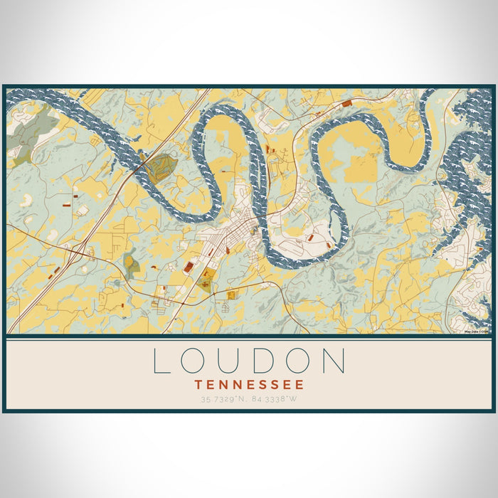 Loudon Tennessee Map Print Landscape Orientation in Woodblock Style With Shaded Background