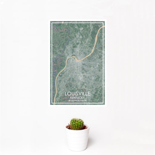 12x18 Louisville Kentucky Map Print Portrait Orientation in Afternoon Style With Small Cactus Plant in White Planter