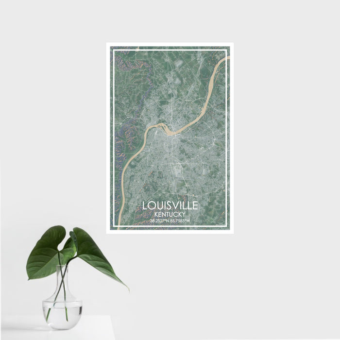 16x24 Louisville Kentucky Map Print Portrait Orientation in Afternoon Style With Tropical Plant Leaves in Water