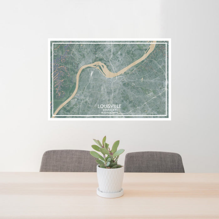 24x36 Louisville Kentucky Map Print Lanscape Orientation in Afternoon Style Behind 2 Chairs Table and Potted Plant