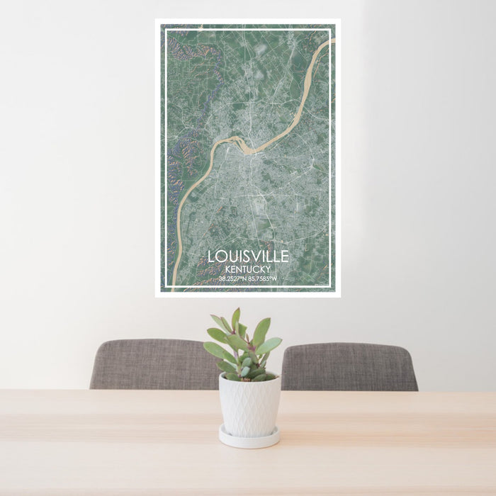 24x36 Louisville Kentucky Map Print Portrait Orientation in Afternoon Style Behind 2 Chairs Table and Potted Plant