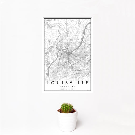 12x18 Louisville Kentucky Map Print Portrait Orientation in Classic Style With Small Cactus Plant in White Planter