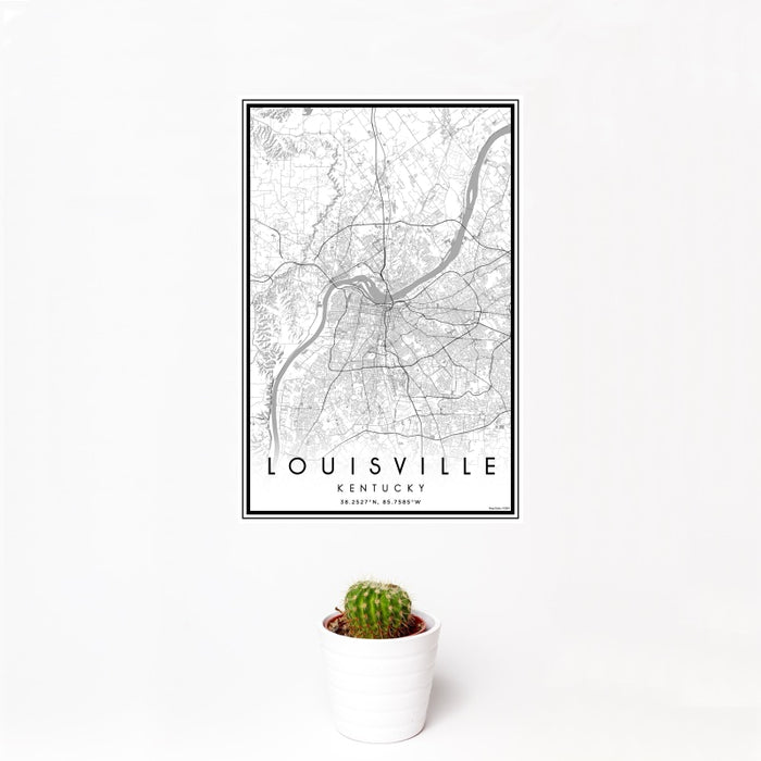 12x18 Louisville Kentucky Map Print Portrait Orientation in Classic Style With Small Cactus Plant in White Planter